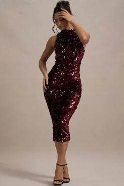 Hypnosis | Berry Sequin Sleeveless High-Neck Midi Dress