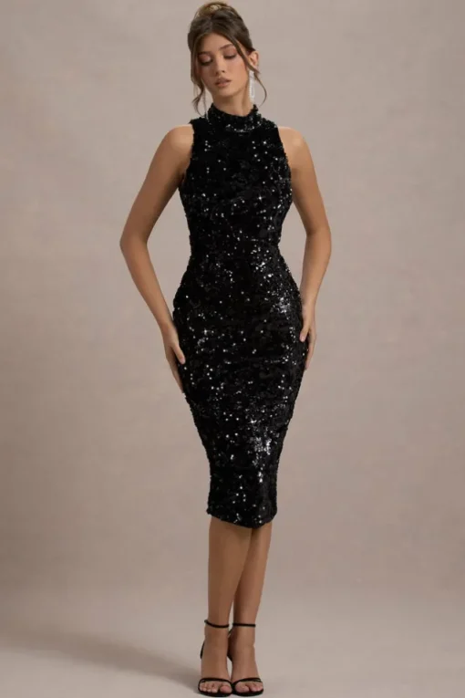 Hypnosis | Black Sequin Sleeveless High-Neck Midi Dress