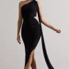 Icon | Black One Shoulder Cut-Out Maxi Dress With Scarf