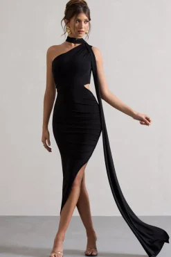 Icon | Black One Shoulder Cut-Out Maxi Dress With Scarf