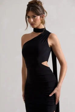 Icon | Black One Shoulder Cut-Out Maxi Dress With Scarf