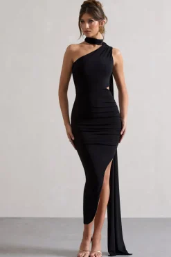 Icon | Black One Shoulder Cut-Out Maxi Dress With Scarf