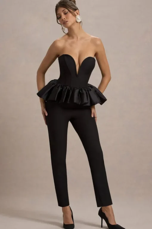Idaho | Black Sweetheart Corset Jumpsuit With Satin Peplum