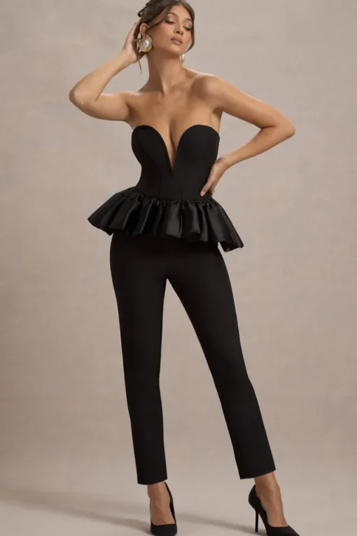 Idaho | Black Sweetheart Corset Jumpsuit With Satin Peplum