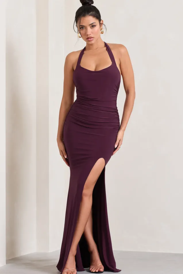 Idol | Burgundy Halter-Neck Split Maxi Dress