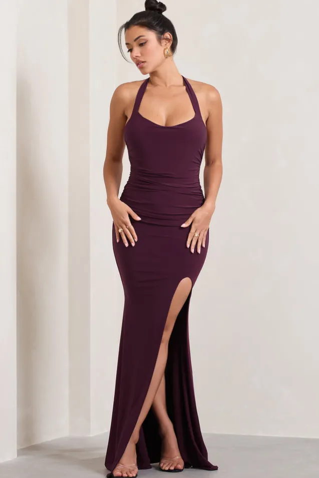 Idol | Burgundy Halter-Neck Split Maxi Dress