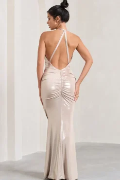 Idol | Gold Metallic Halter-Neck Split Maxi Dress