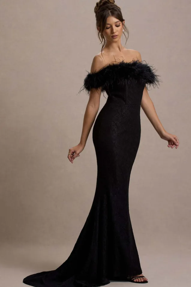Idyll | Black Lace Bardot Feather Fishtail Maxi Dress