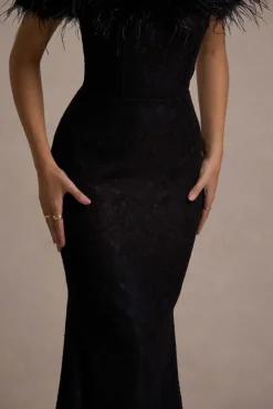Idyll | Black Lace Bardot Feather Fishtail Maxi Dress