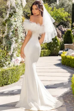 Idyll | White Lace Bardot Feather Fishtail Maxi Dress