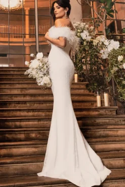 Idyll | White Lace Bardot Feather Fishtail Maxi Dress