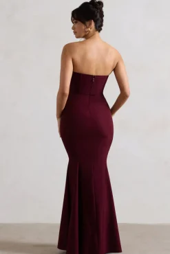 Idyllic | Burgundy Strapless Corset Style Fishtail Maxi Dress