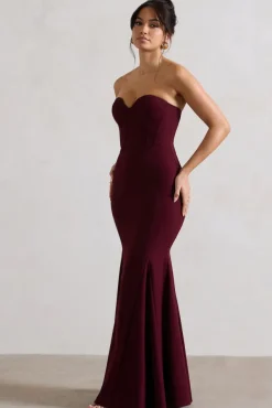 Idyllic | Burgundy Strapless Corset Style Fishtail Maxi Dress