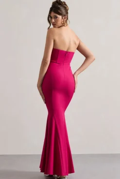 Idyllic | Hot Pink Strapless Corset Style Fishtail Maxi Dress