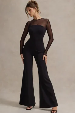 Iggy | Black Flared-Leg Jumpsuit With Mesh Sleeves