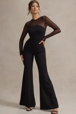 Iggy | Black Flared-Leg Jumpsuit With Mesh Sleeves