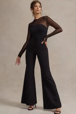 Iggy | Black Flared-Leg Jumpsuit With Mesh Sleeves