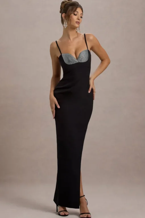 Ignacia | Black Asymmetric Maxi Dress With Hotfix Detail