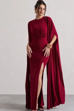 Ilaria | Berry Cape Sleeve Split Maxi Dress