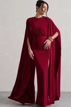 Ilaria | Berry Cape Sleeve Split Maxi Dress