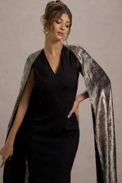 Ilenia | Black V-Neck Maxi Dress With Metallic Cape