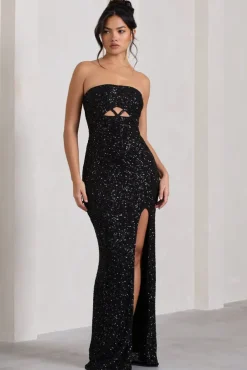 Illuminate | Black Sequin Bandeau Cut Out Split Maxi Dress