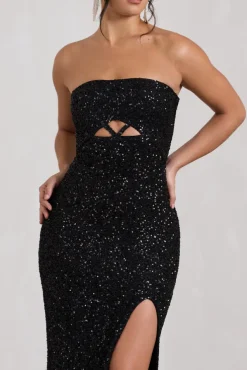 Illuminate | Black Sequin Bandeau Cut Out Split Maxi Dress