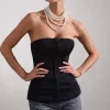 Illusive | Black Satin-Blend Strapless Panelled Corset Top