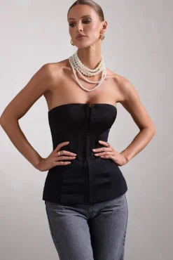 Illusive | Black Satin-Blend Strapless Panelled Corset Top