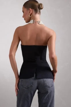 Illusive | Black Satin-Blend Strapless Panelled Corset Top