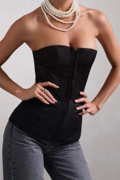 Illusive | Black Satin-Blend Strapless Panelled Corset Top