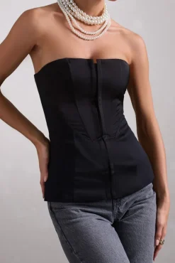 Illusive | Black Satin-Blend Strapless Panelled Corset Top