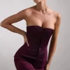 Illusive | Burgundy Satin-Blend Strapless Panelled Corset Top