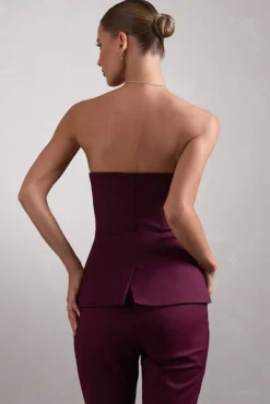 Illusive | Burgundy Satin-Blend Strapless Panelled Corset Top