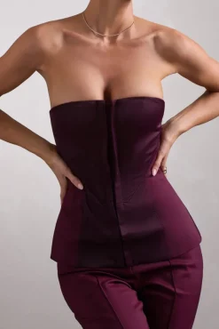 Illusive | Burgundy Satin-Blend Strapless Panelled Corset Top