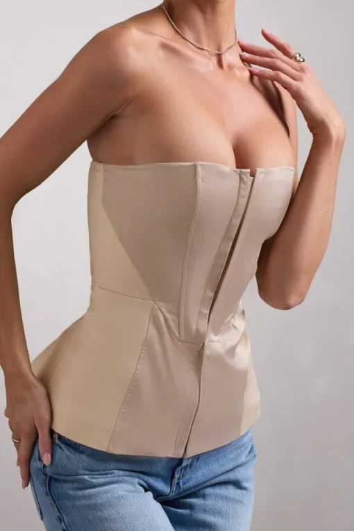Illusive | Stone Satin-Blend Strapless Panelled Corset Top