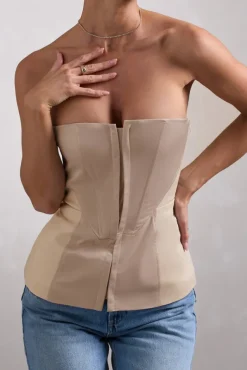 Illusive | Stone Satin-Blend Strapless Panelled Corset Top