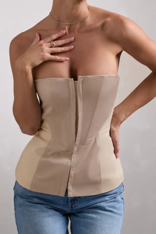 Illusive | Stone Satin-Blend Strapless Panelled Corset Top