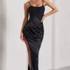In Attendance | Black Satin Draped Corset Split Maxi Dress