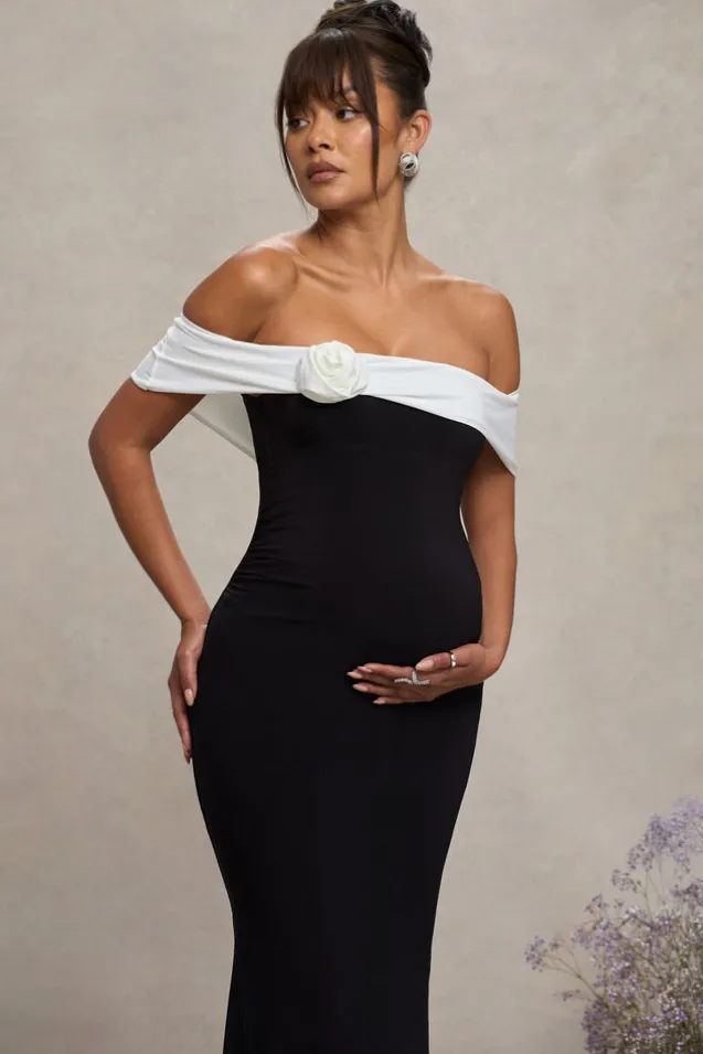 In Bloom | Black u0026 White Bardot Maternity Maxi Dress With Flower