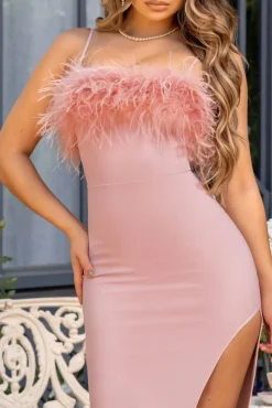 In Love | Pink Feather Trim Maxi Dress With Curved Side Split