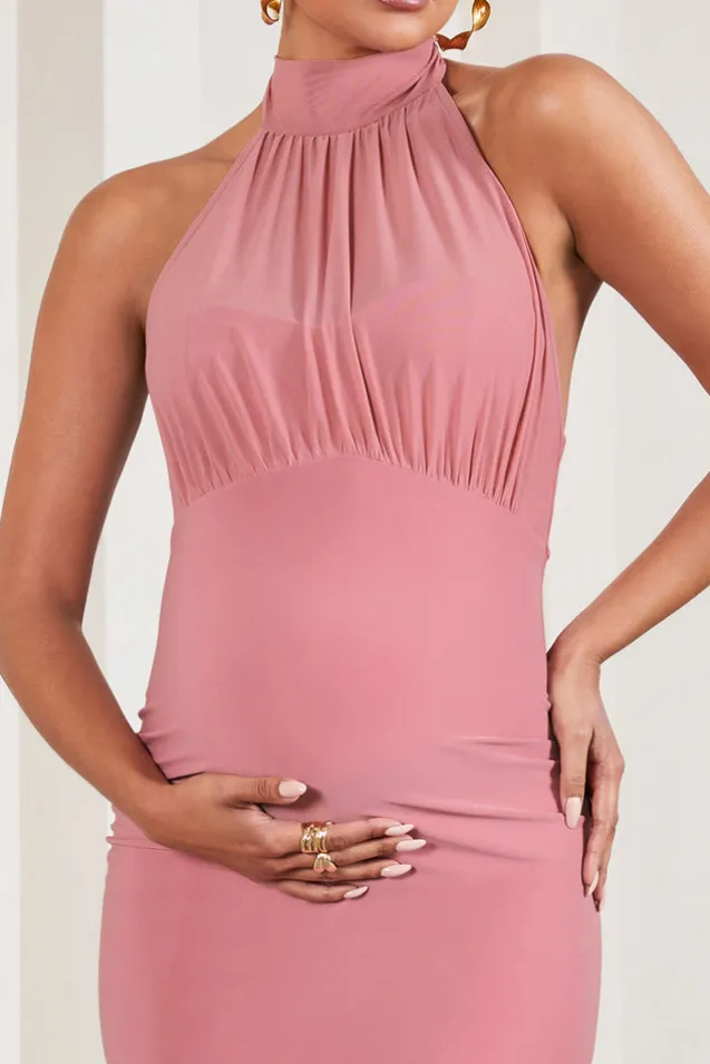 In My Heart | Blush Pink Mesh Halter-Neck Sleeveless Maternity Maxi Dress