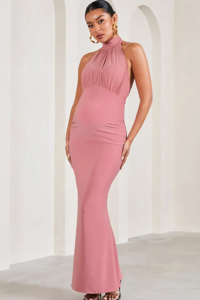In My Heart | Blush Pink Mesh Halter-Neck Sleeveless Maternity Maxi Dress