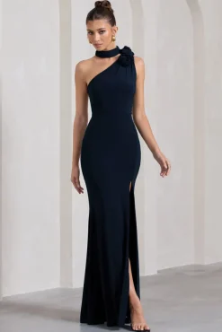 In Suspense | Navy One Shoulder Halter-Neck Split Maxi Dress With Flower