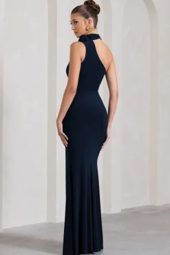 In Suspense | Navy One Shoulder Halter-Neck Split Maxi Dress With Flower