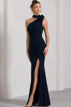 In Suspense | Navy One Shoulder Halter-Neck Split Maxi Dress With Flower