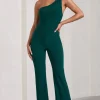 In The Dark | Bottle Green Sleeveless Asymmetric Flared-Leg Jumpsuit