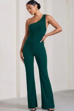 In The Dark | Bottle Green Sleeveless Asymmetric Flared-Leg Jumpsuit