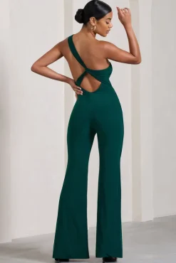 In The Dark | Bottle Green Sleeveless Asymmetric Flared-Leg Jumpsuit