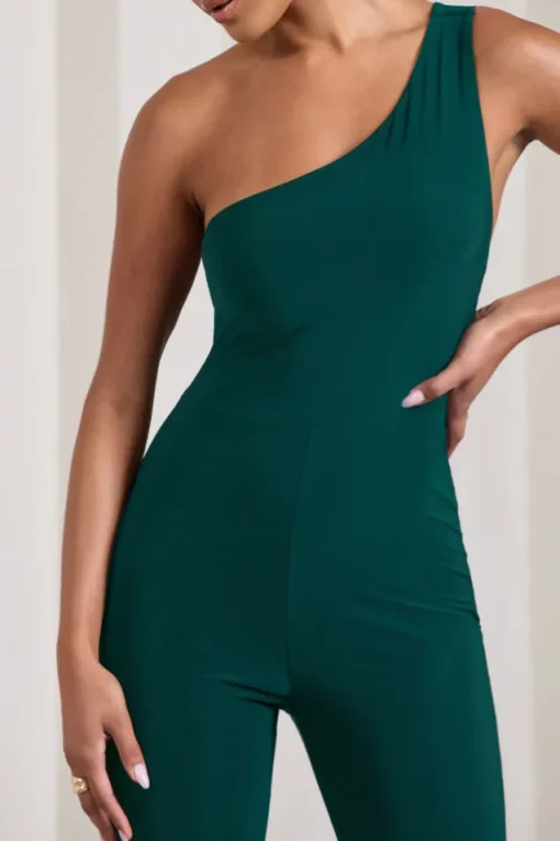 In The Dark | Bottle Green Sleeveless Asymmetric Flared-Leg Jumpsuit